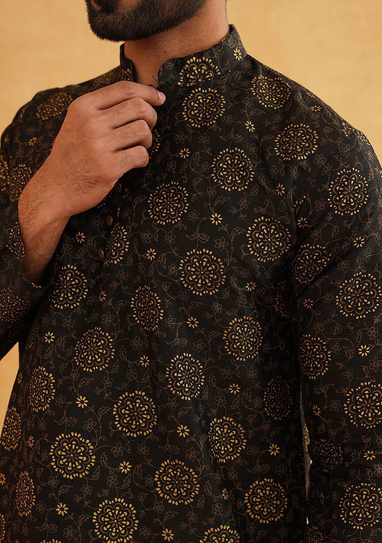 Black Ethnic Motifs Poly Blend Kurta For Men