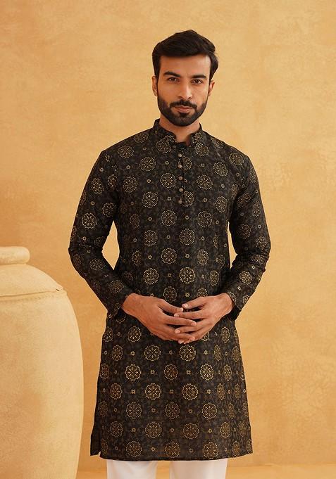 Black Ethnic Motifs Poly Blend Kurta For Men