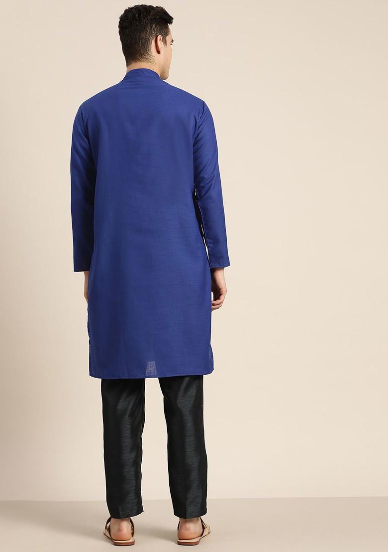 Blue Solid Poly Blend Kurta For Men