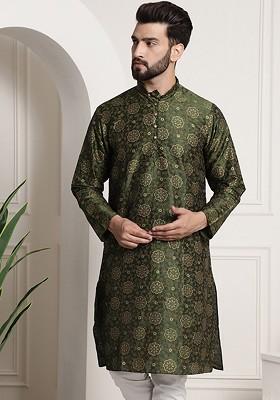 Green Ethnic Motifs Poly Blend Kurta For Men