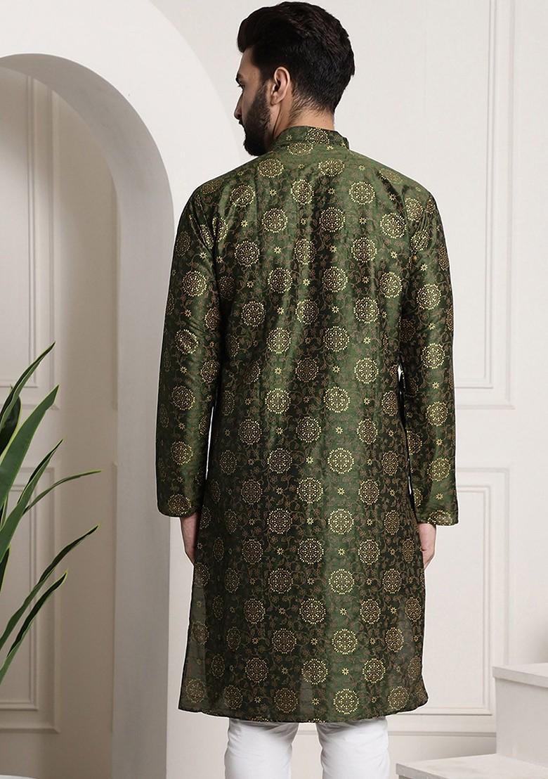Green Ethnic Motifs Poly Blend Kurta For Men