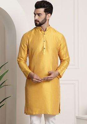 Mustard Striped Poly Blend Kurta For Men
