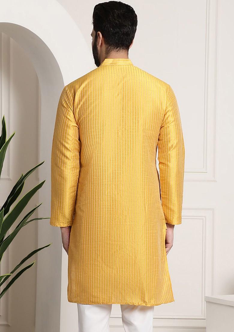 Mustard Striped Poly Blend Kurta For Men
