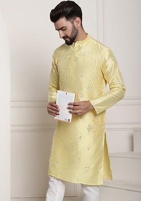 Yellow Mirror Work Poly Blend Kurta For Men