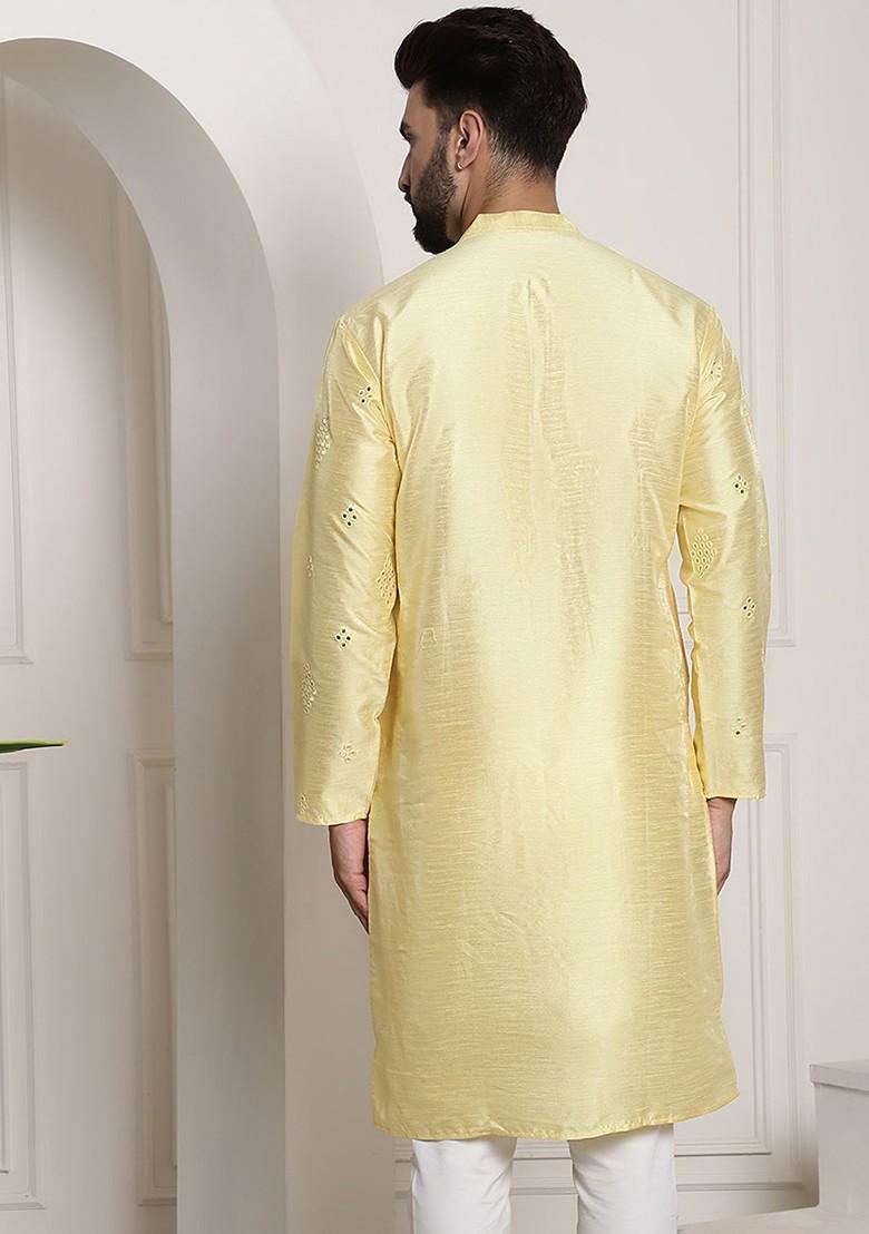 Yellow Mirror Work Poly Blend Kurta For Men