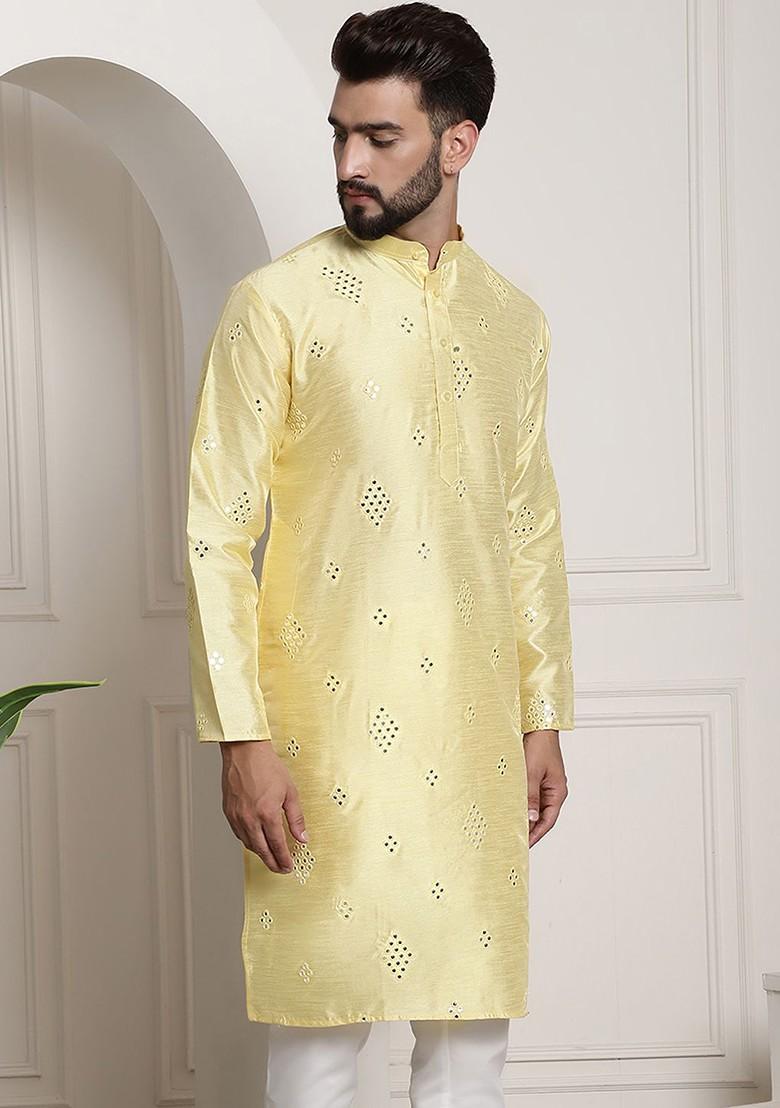 Yellow Mirror Work Poly Blend Kurta For Men