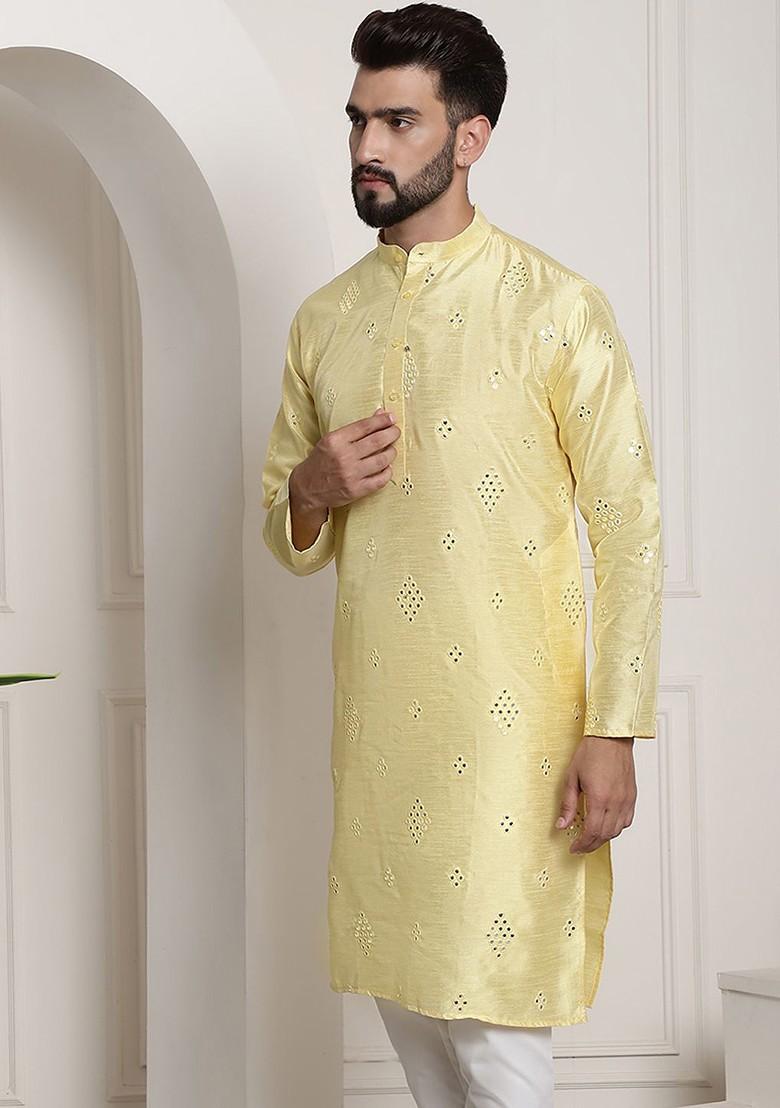 Yellow Mirror Work Poly Blend Kurta For Men