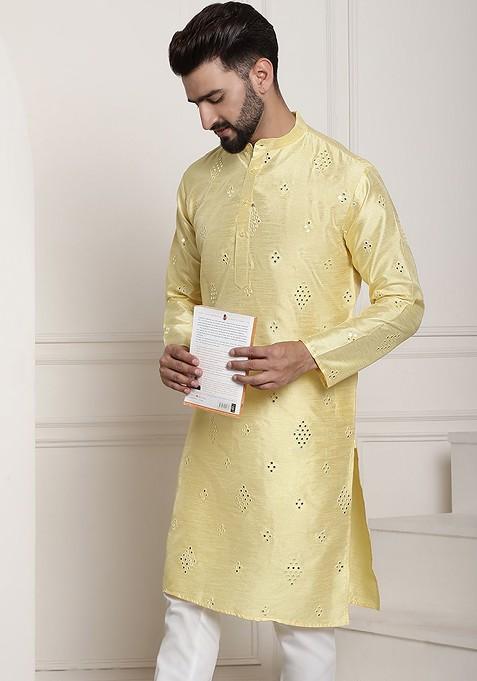 Yellow Mirror Work Poly Blend Kurta For Men