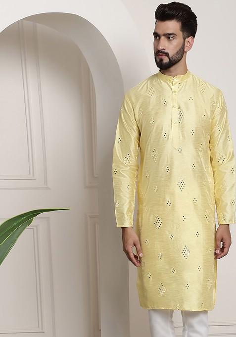 Yellow Mirror Work Poly Blend Kurta For Men