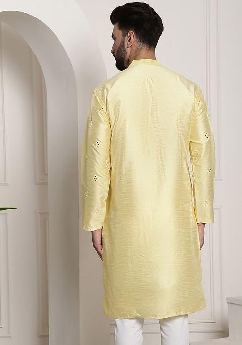 Yellow Mirror Work Poly Blend Kurta For Men
