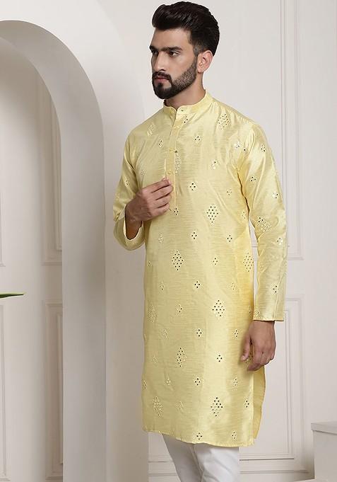 Yellow Mirror Work Poly Blend Kurta For Men