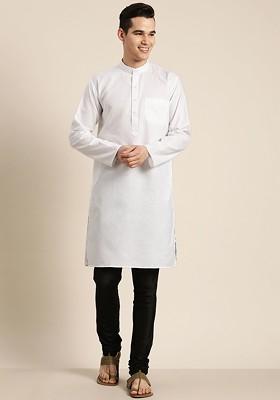 White Solid Poly Blend Kurta For Men