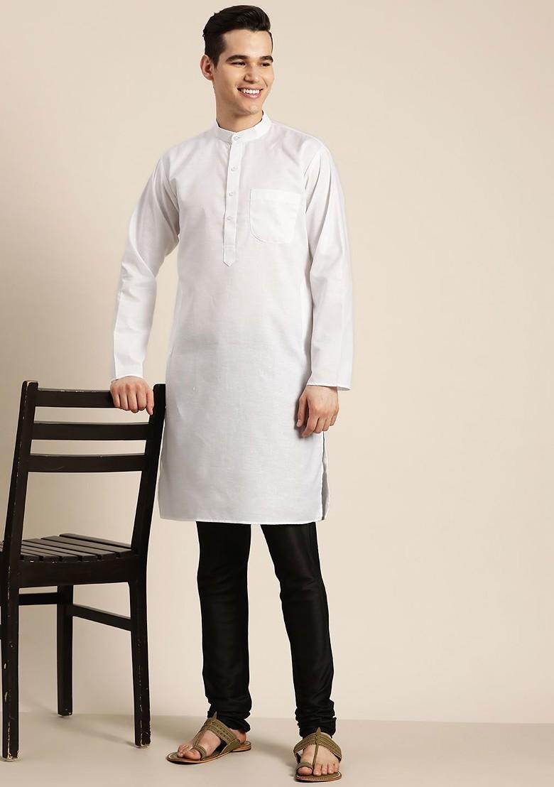 White Solid Poly Blend Kurta For Men