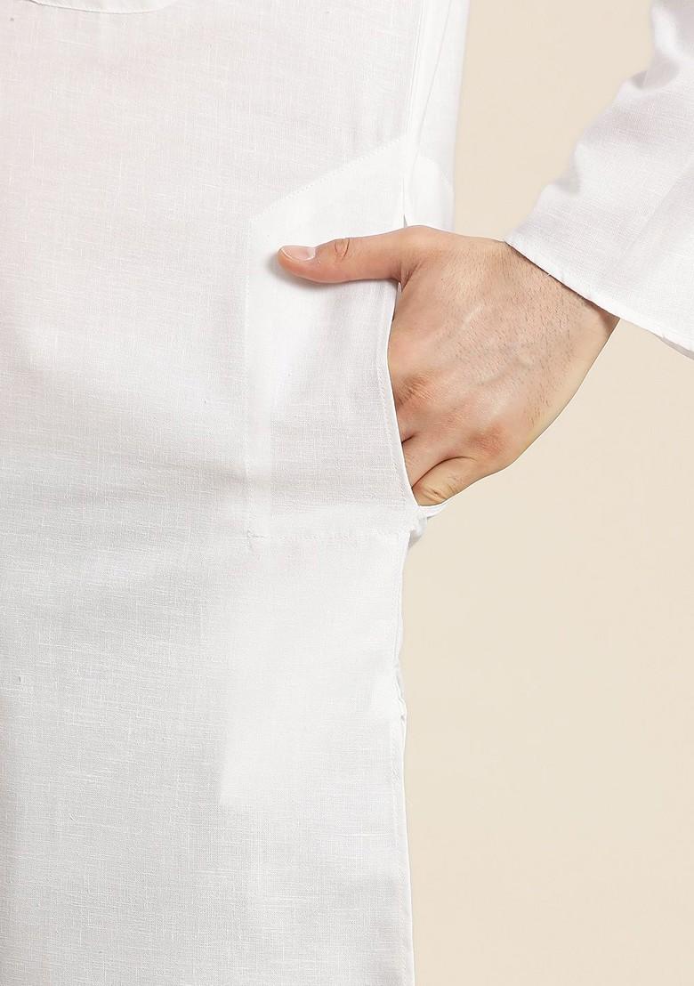 White Solid Poly Blend Kurta For Men