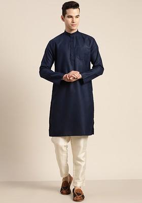 Navy Blue Solid Poly Blend Kurta For Men