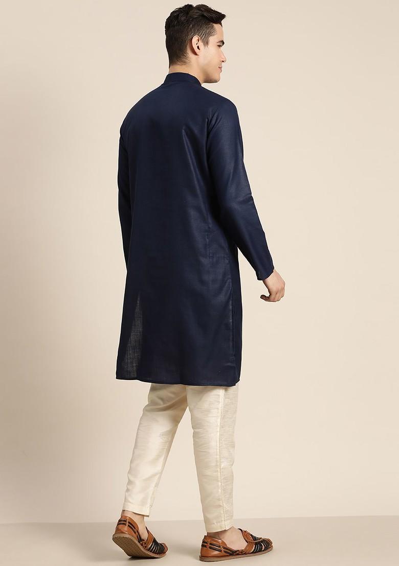 Navy Blue Solid Poly Blend Kurta For Men