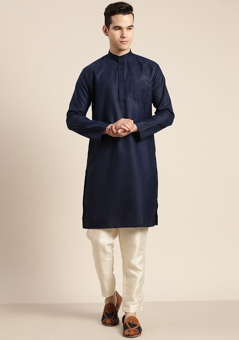 Navy Blue Solid Poly Blend Kurta For Men