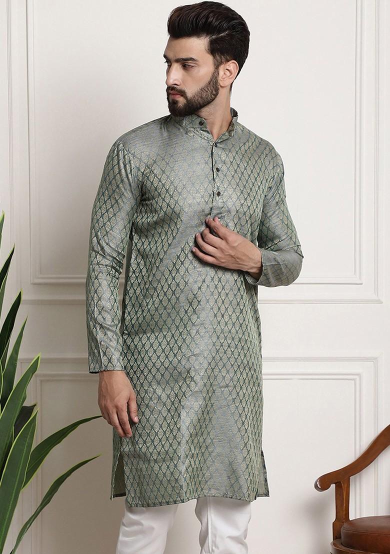 Teal Blue Ethnic Motifs Poly Blend Kurta For Men