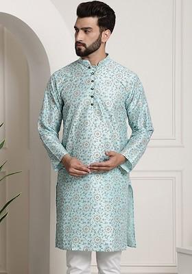 Sea Green Printed Cotton Kurta For Men