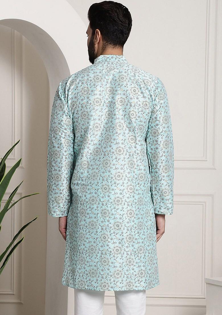 Sea Green Printed Cotton Kurta For Men