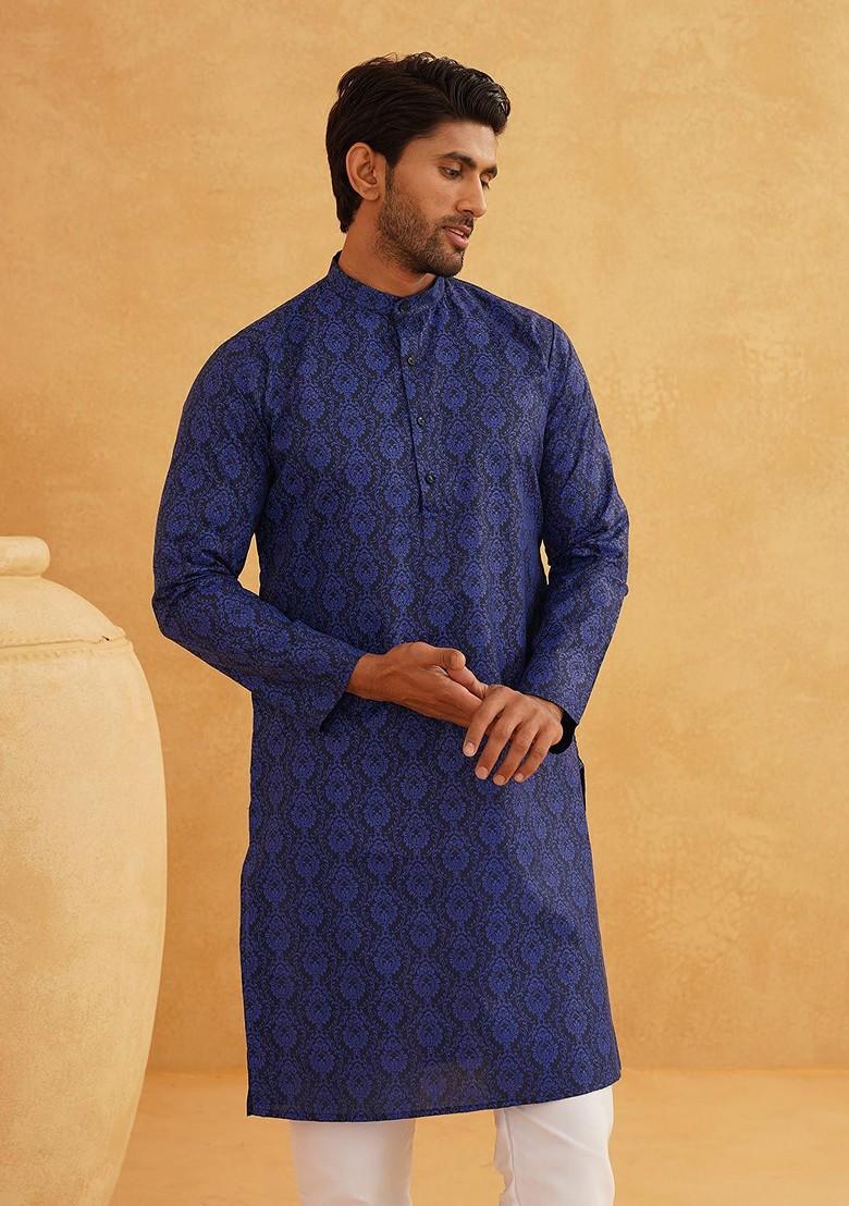 Navy Blue Ethnic Motifs Cotton Kurta For Men
