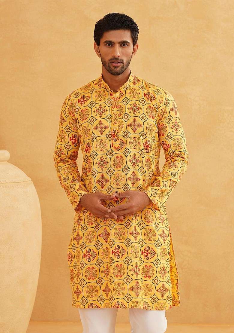 Yellow Ethnic Motifs Cotton Kurta For Men - Indya