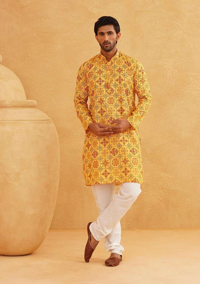 Yellow Ethnic Motifs Cotton Kurta For Men - Indya