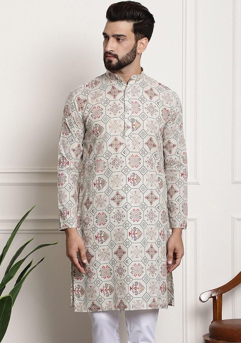 Cream Ethnic Motifs Cotton Kurta For Men