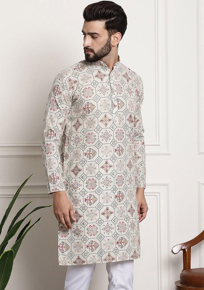 Cream Ethnic Motifs Cotton Kurta For Men