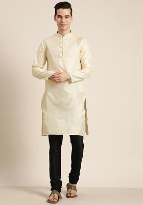 Cream Ethnic Motifs Cotton Kurta For Men