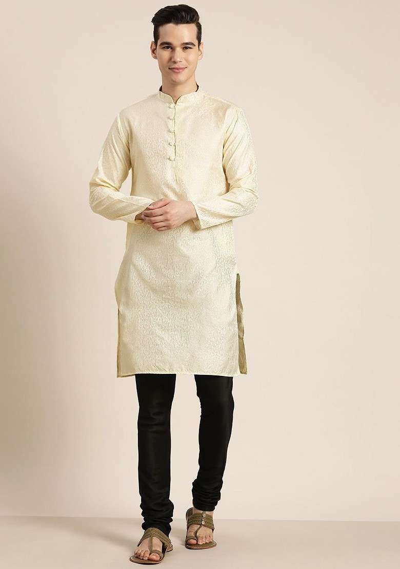 Cream Ethnic Motifs Cotton Kurta For Men - Indya
