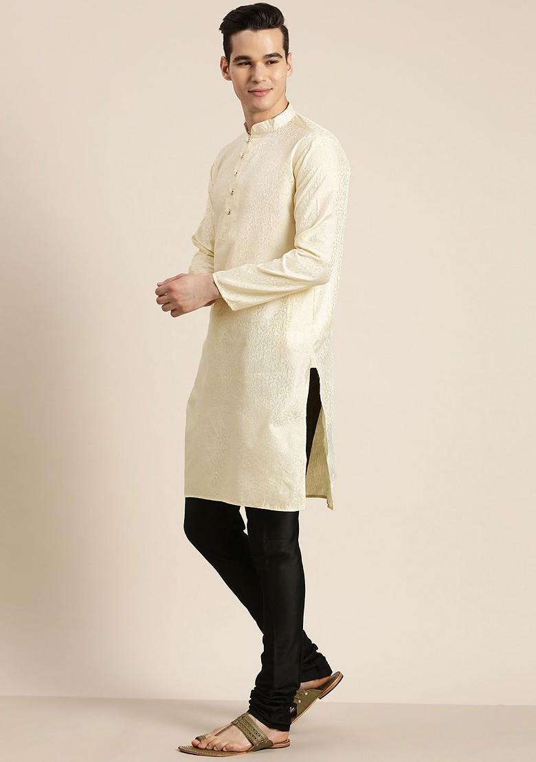 Cream Ethnic Motifs Cotton Kurta For Men
