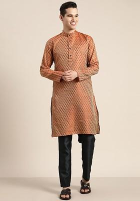 Orange Ethnic Motifs Poly Blend Kurta For Men