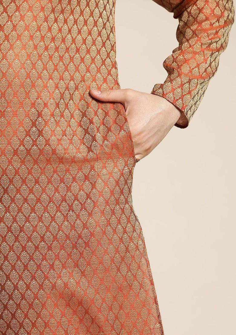 Orange Ethnic Motifs Poly Blend Kurta For Men