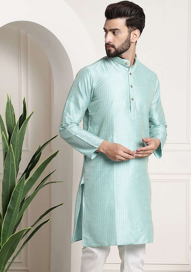 Sea Green Striped Poly Blend Kurta For Men - Indya