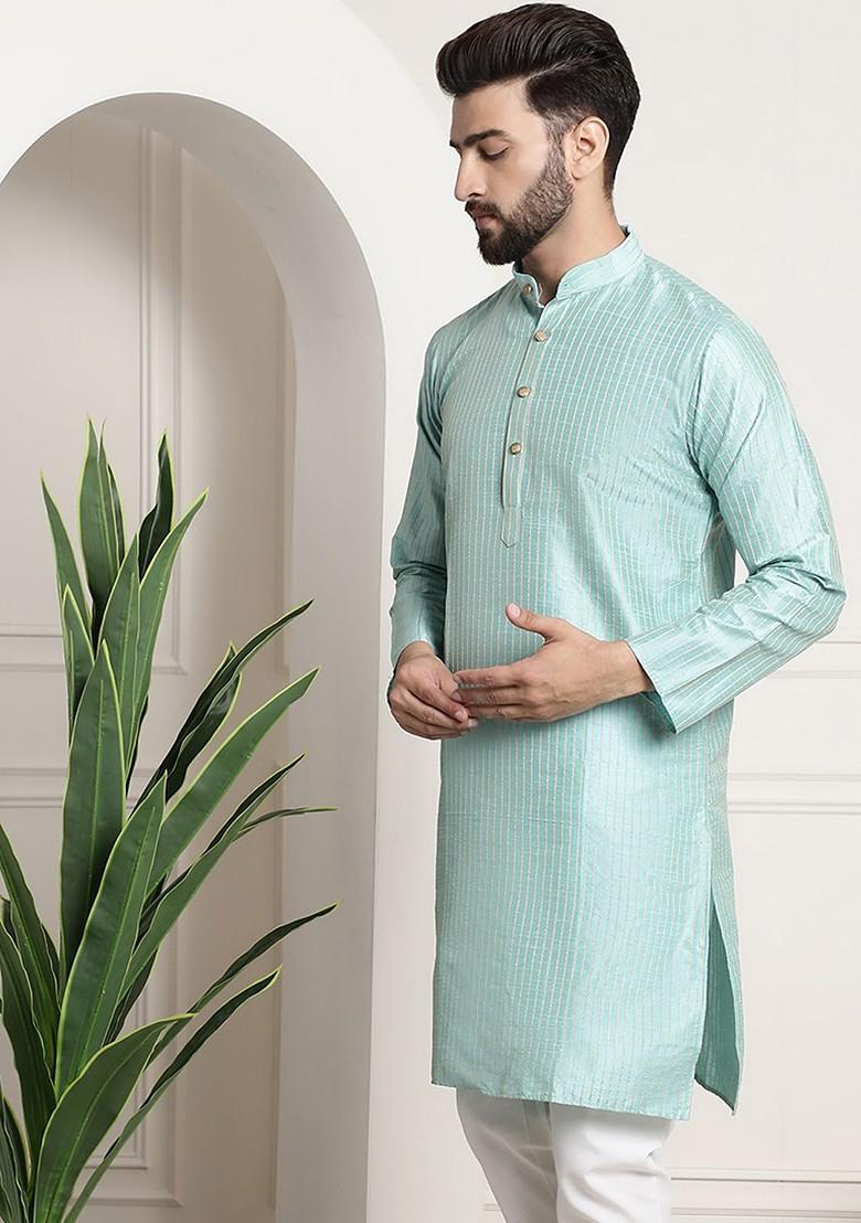 Sea Green Striped Poly Blend Kurta For Men