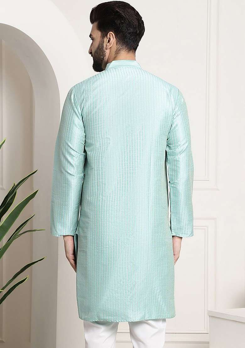 Sea Green Striped Poly Blend Kurta For Men - Indya