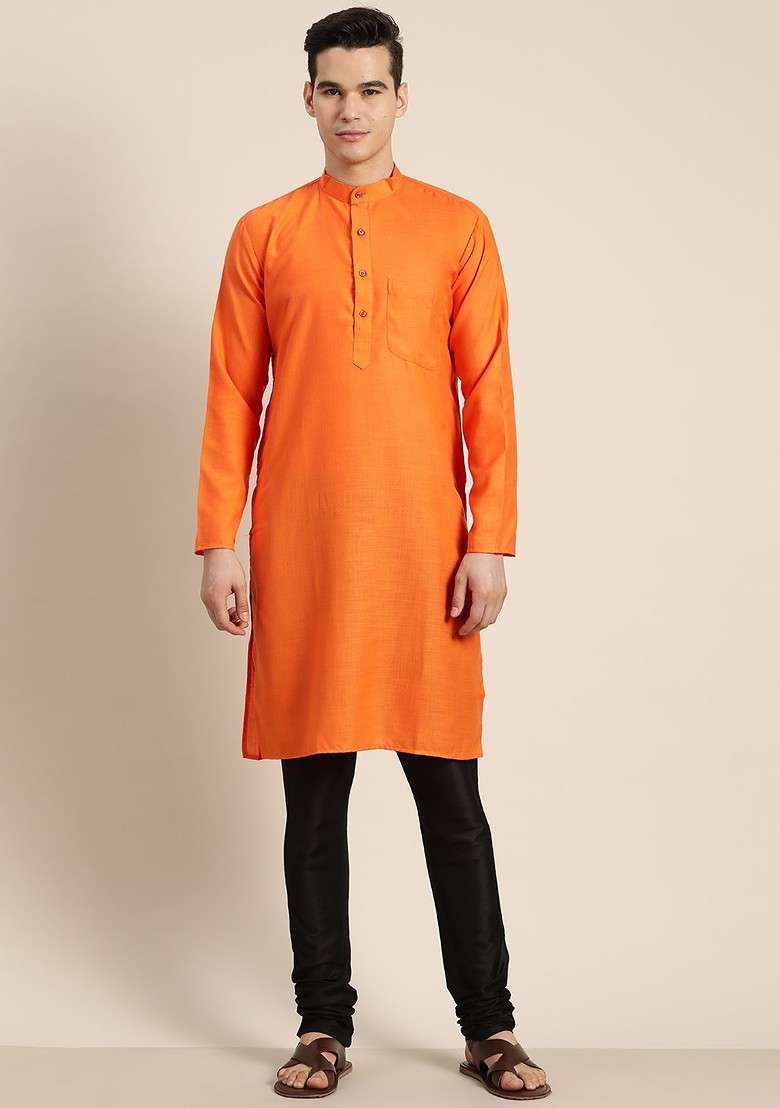 Orange Solid Cotton Kurta For Men - Indya