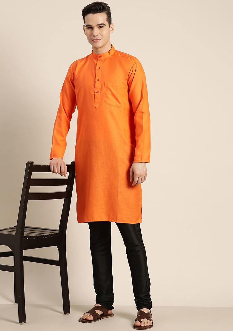 Orange Solid Cotton Kurta For Men
