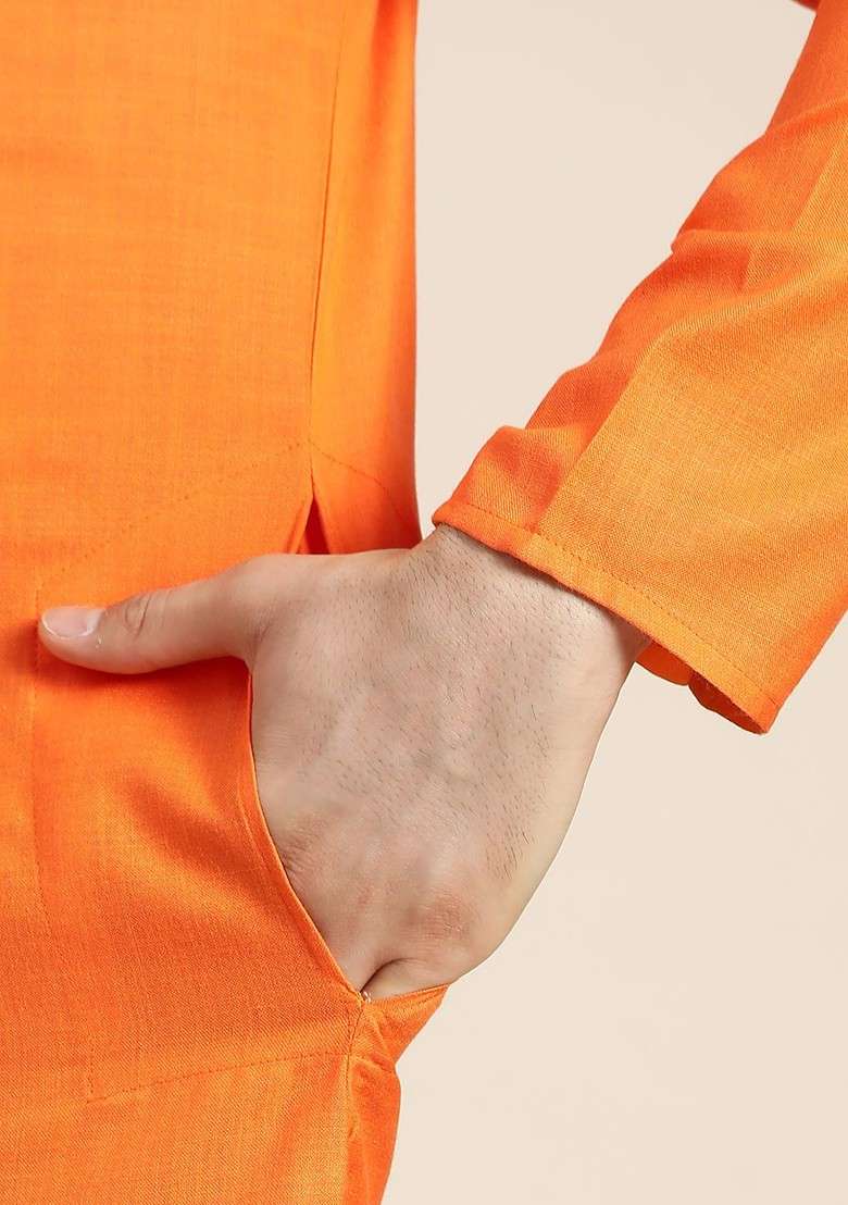 Orange Solid Cotton Kurta For Men - Indya