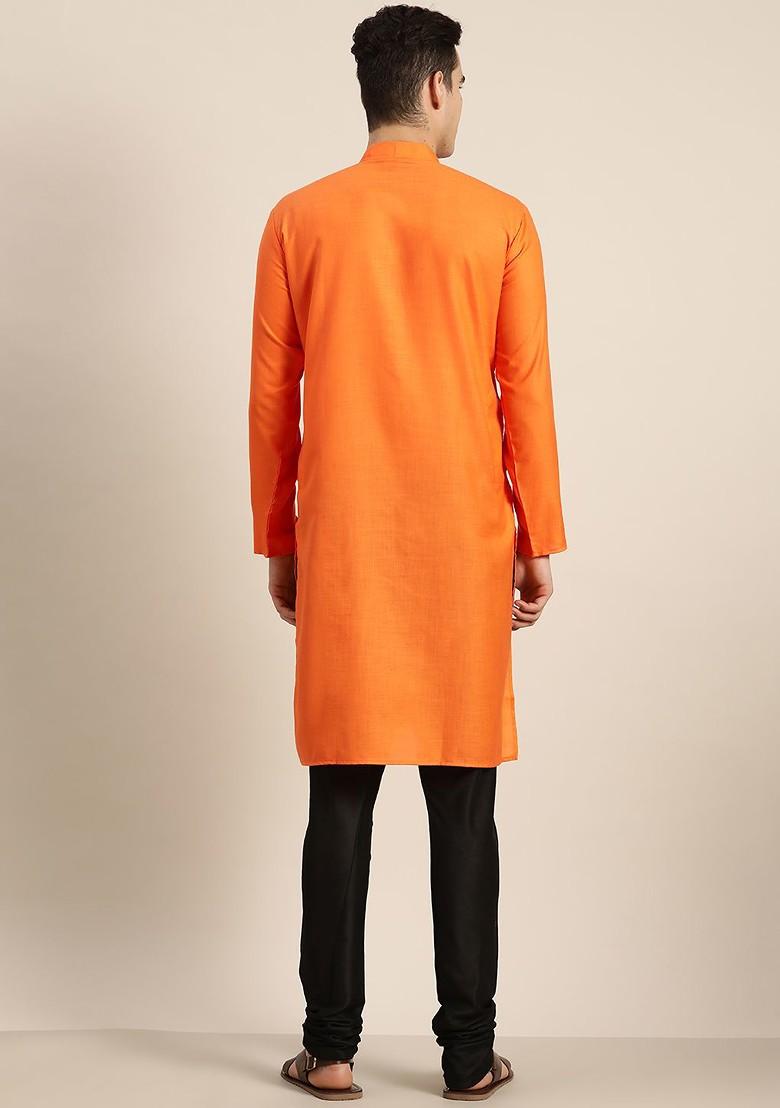 Orange Solid Cotton Kurta For Men