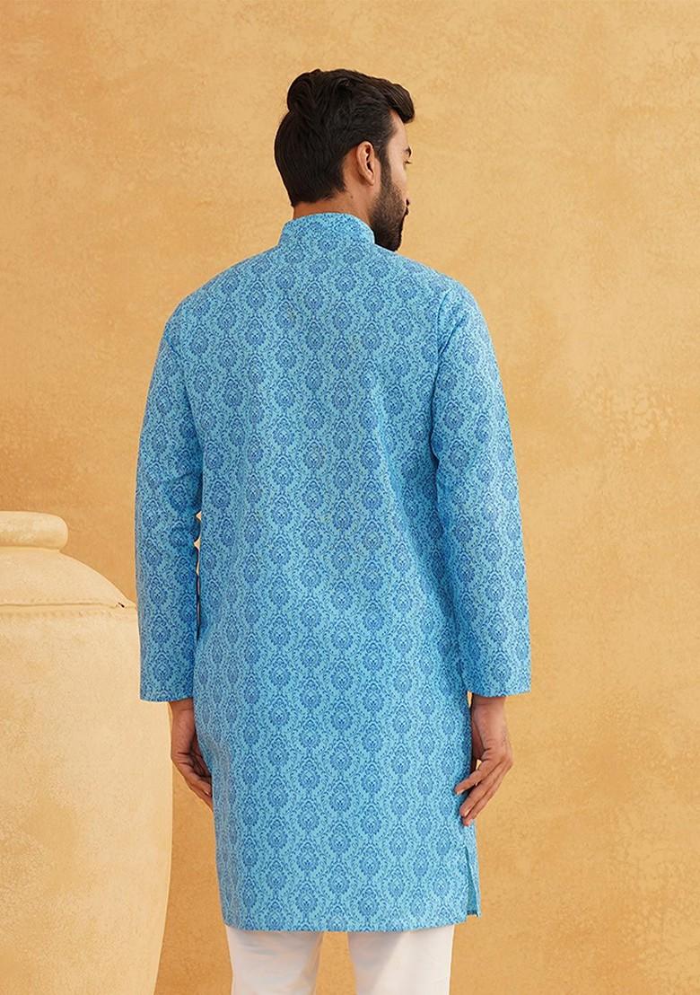 Blue Ethnic Motifs Cotton Kurta For Men