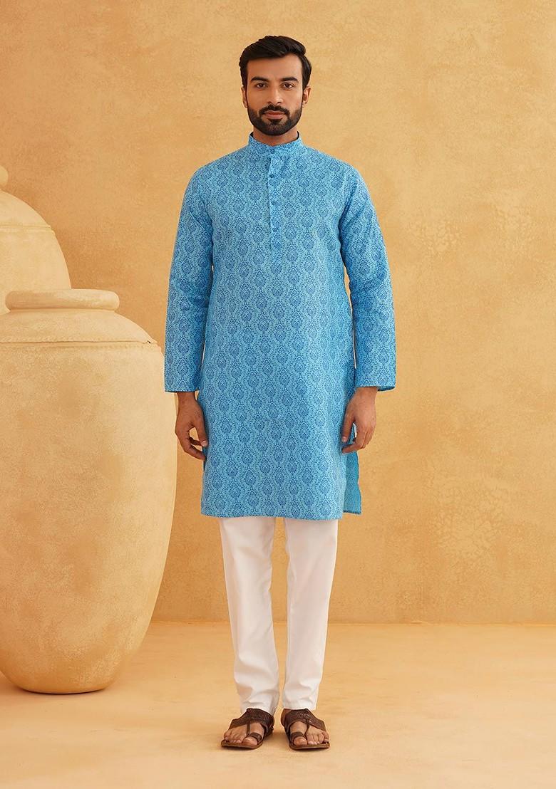 Blue Ethnic Motifs Cotton Kurta For Men