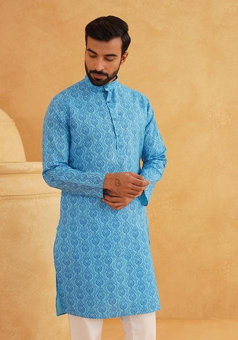 Blue Ethnic Motifs Cotton Kurta For Men