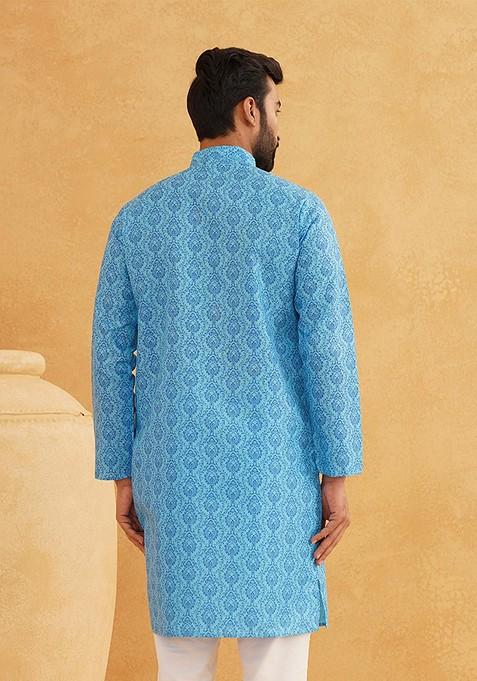 Blue Ethnic Motifs Cotton Kurta For Men