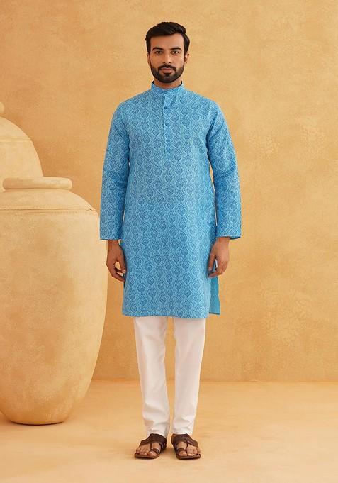 Blue Ethnic Motifs Cotton Kurta For Men