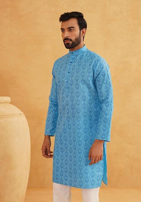 Blue Ethnic Motifs Cotton Kurta For Men