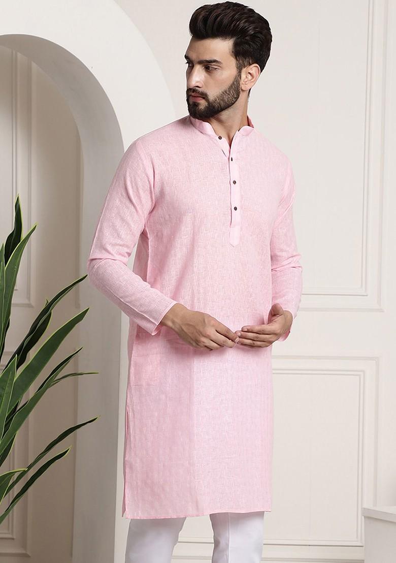 Pink Woven Poly Blend Kurta For Men