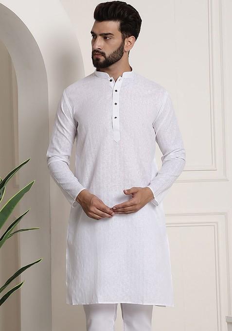 White Woven Cotton Kurta For Men — view on Indya