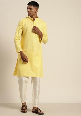 Yellow Solid Poly Blend Kurta For Men